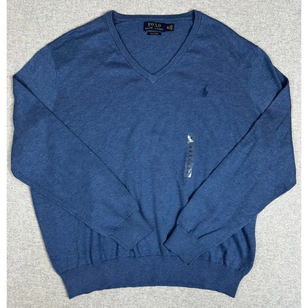 Polo Ralph Lauren V-Neck Sweater Mens XXL Blue Pima Cotton Pony Logo NWOT